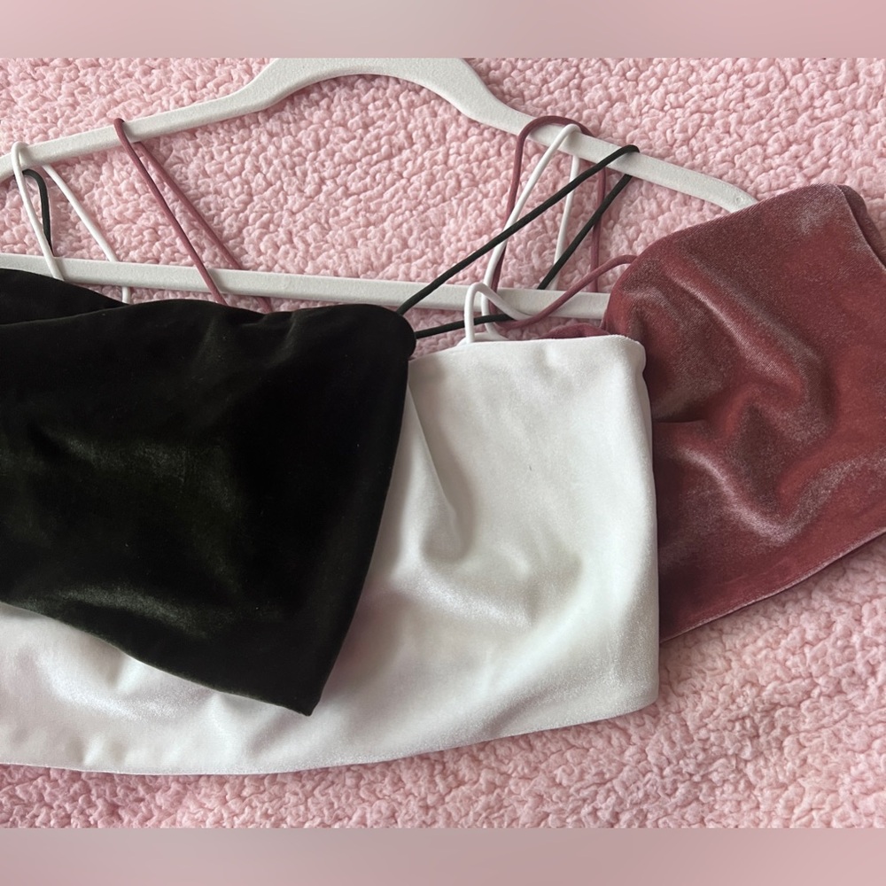 Velvet Dark Green, White, and Dusty Rose Cropped Cami Tops / Bralettes